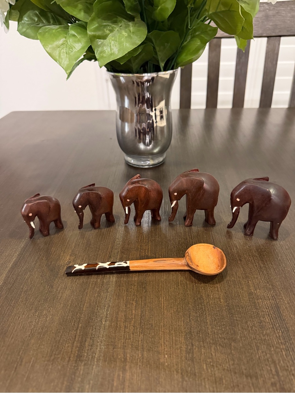 Vintage Hand-Carved Hardwood Elephant Family (Set of 5) & Decorative Inlay Spoon